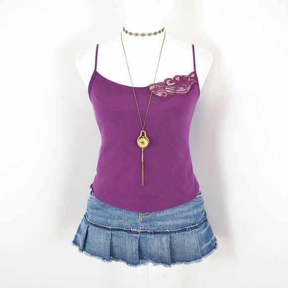 00s Y2K Max Studio Purple 100% Silk w Floral Lace Trim Cami Slip Top Sz Medium - Picture 1 of 7